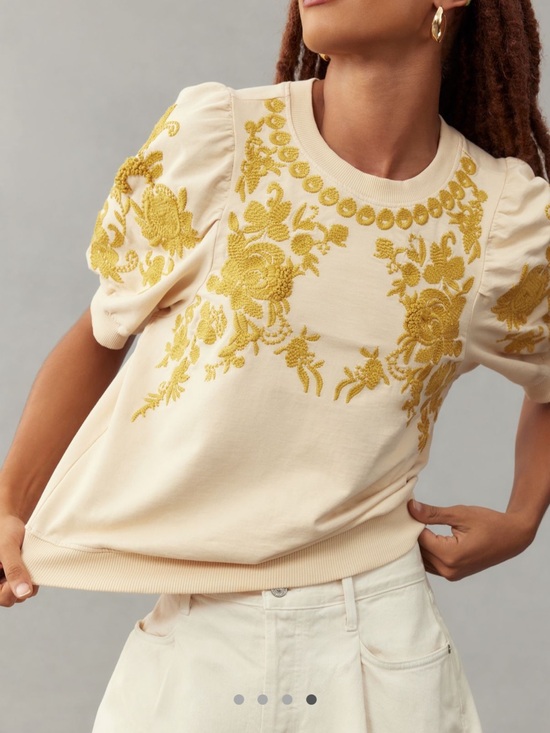 Anthropologie Tops - Anthropologie Cream Short-Sleeve Top with Gold Floral Embroidery
